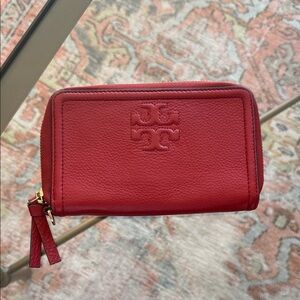 Tory Burch Cherry Red Pebbled Leather Zip Wallet